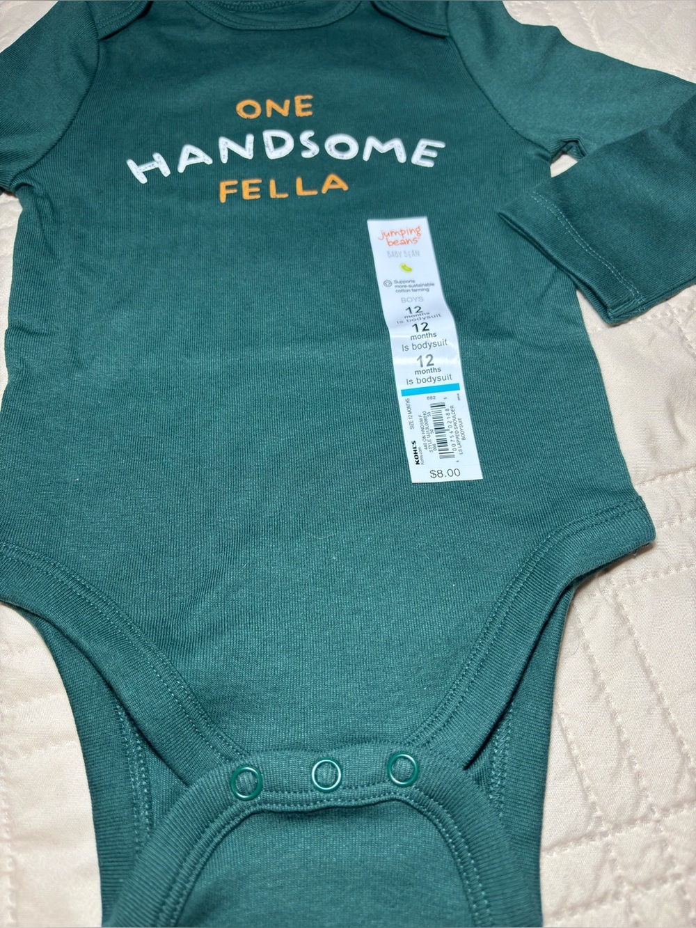 Jumping Beans 12M Green Long-Sleeve 'One Handsome Fella' Onesie